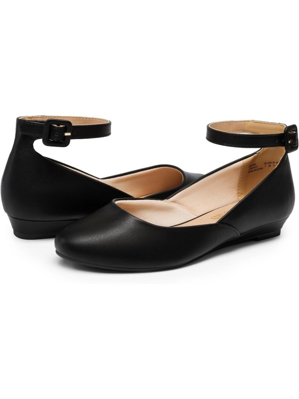 Women's Black Leather Comfortable Ballet Low Wedge Round Toe Ankle Strap Flats - Picture 5 of 6